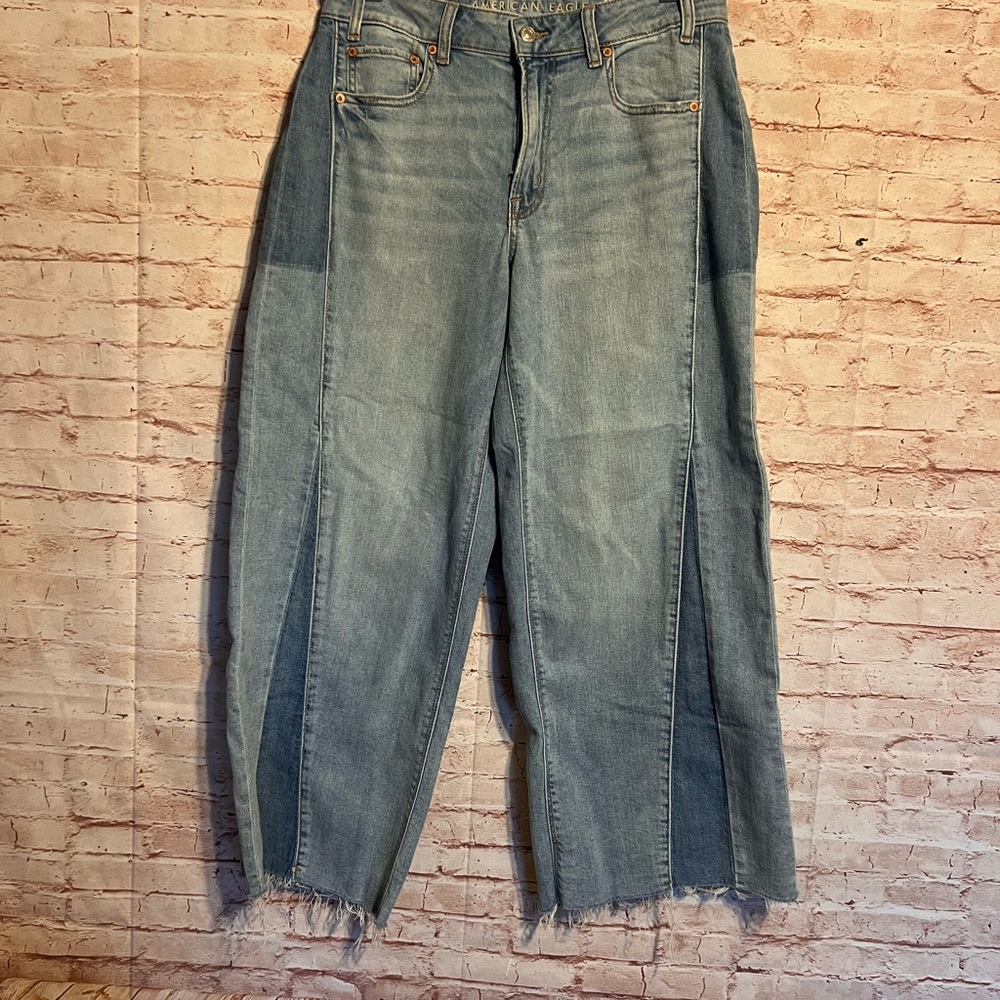 American Eagle low rise baggy stretch wide leg patchwork jeans size 8 short. - Picture 4 of 12